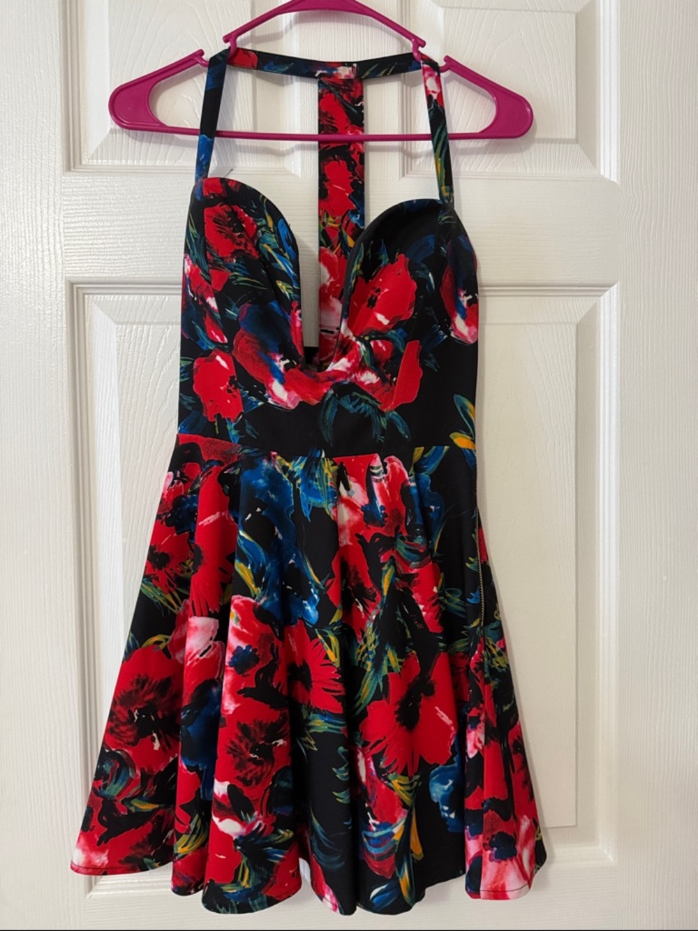 bebe Black Floral Mini Dress with Red and Blue Accents